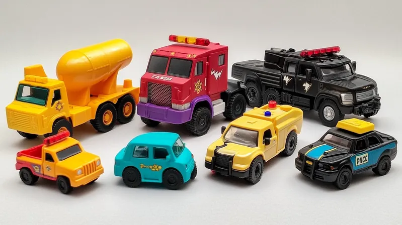 A collection of colorful diecast toy cars, including a cement mixer, fire truck, police cars, and other vehicles