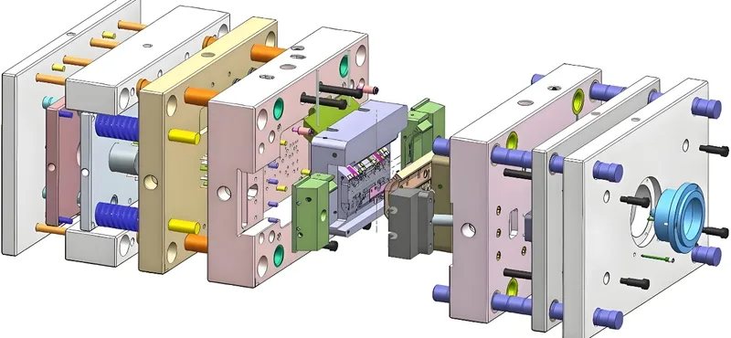 A detailed exploded view of an injection mold showing various components and their arrangement