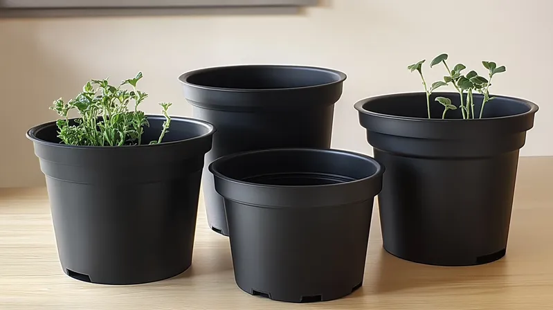 Four black plant pots with young seedlings on a light wooden surface