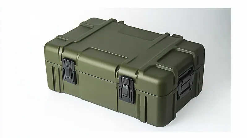 A green rugged case with black latches on a white background