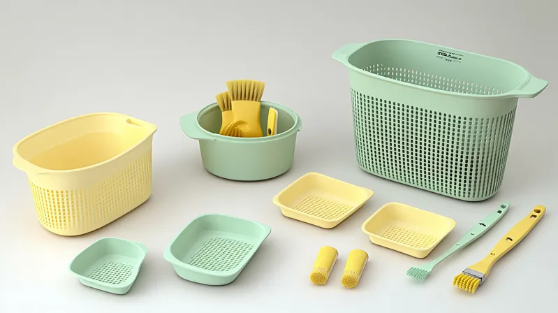 A collection of IKEA Koncis kitchen tools including colanders, brushes, trays, and cleaning tools in yellow and green colors