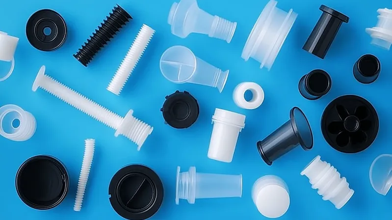 Various industrial plastic components on a blue background