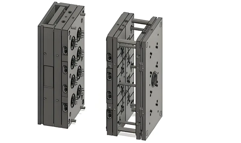 3D rendering of industrial injection mold tooling component showing open and closed positions