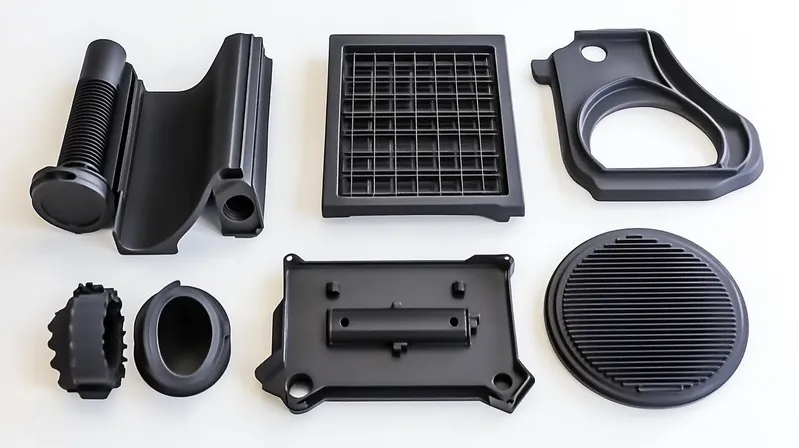 A collection of black plastic parts, each with different shapes and textures, arranged on a white background