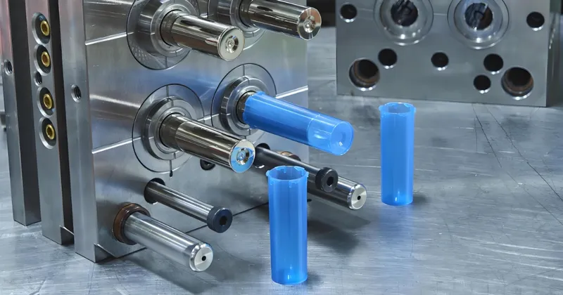 Close-up of injection molding equipment with metallic components and blue plastic parts
