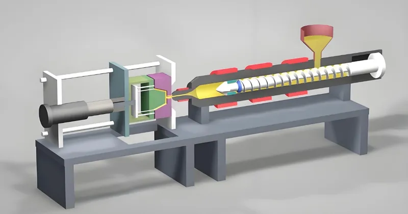 Diagram illustrating the components and process of an injection molding machine, showing sections like the hopper, screw, barrel, and mold