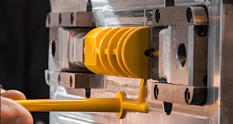 Close-up view of an injection molding machine creating a yellow plastic part