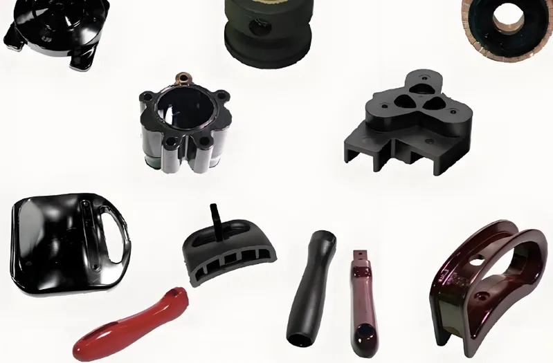 An assortment of various black and red plastic parts with different shapes and sizes