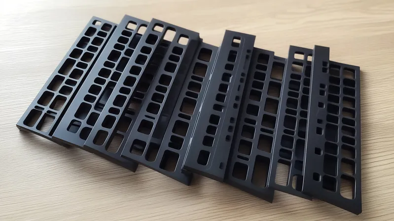 A collection of black metal keyboard plates arranged on a wooden surface