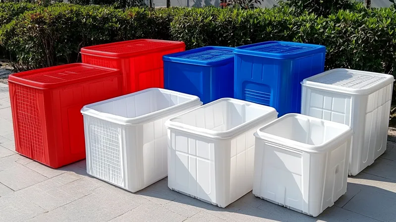 Outdoor array of red, blue, and white plastic storage bins