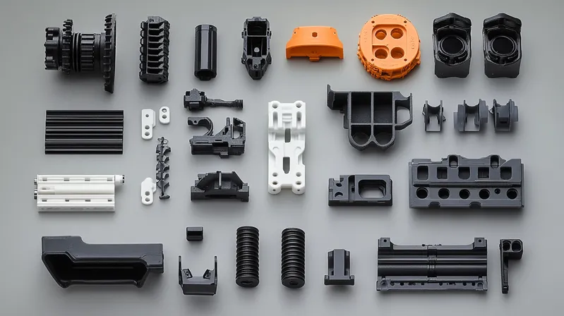 Various black, white, and orange Lego Technic parts arranged on a gray surface