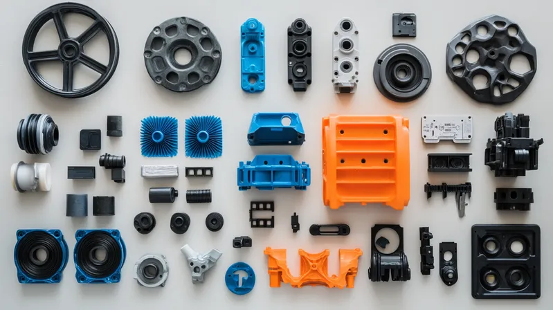 A collection of various mechanical parts in different shapes and colors arranged on a surface