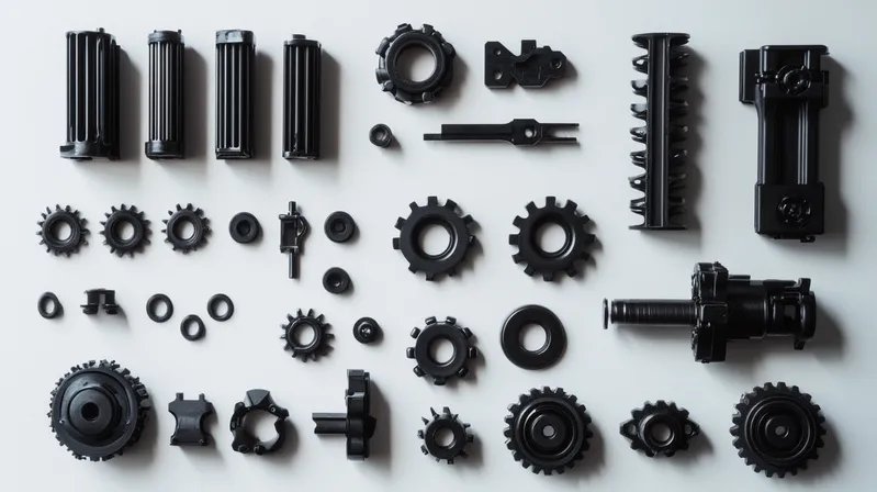 A collection of various small black mechanical parts arranged on a light surface