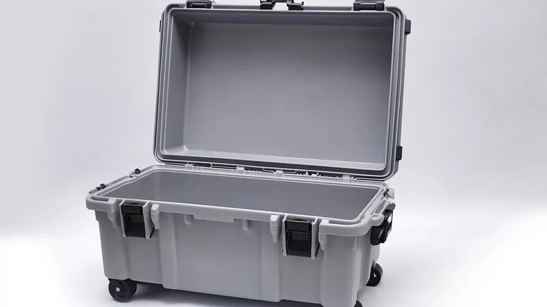 An open gray protective storage case on wheels, with latches and handles