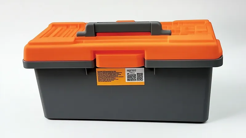 A plastic toolbox with an orange lid and a grey base