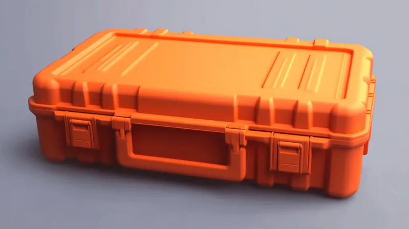 A bright orange, hard-shell protective case with latches and a handle, suitable for secure storage
