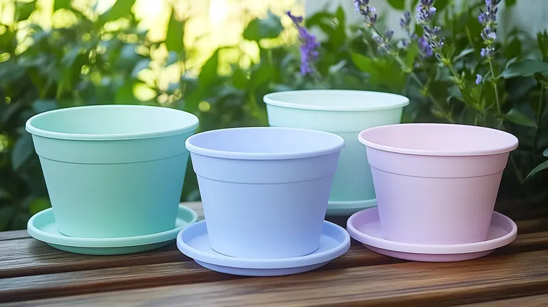 Four pastel-colored plant pots on a wooden surface with greenery in the background.