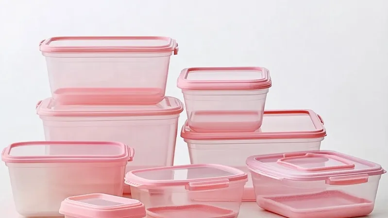 A collection of transparent storage containers with pink lids in various sizes