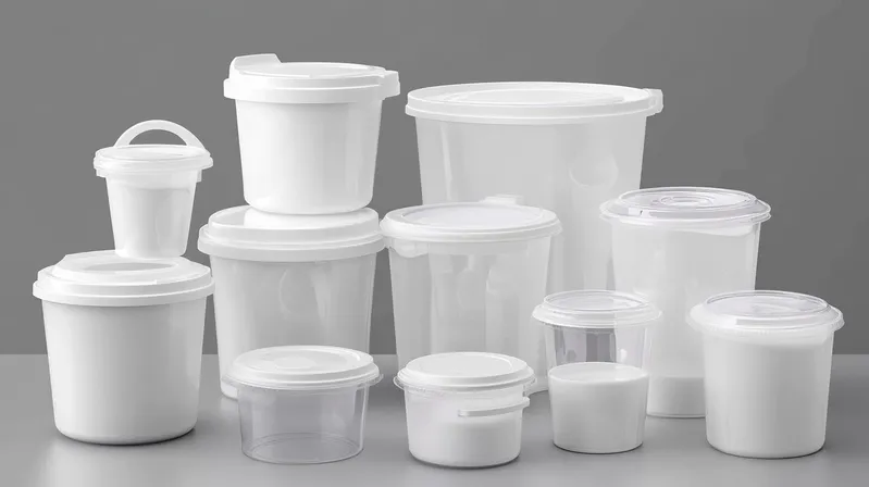 A collection of various white plastic storage containers with lids on a gray background