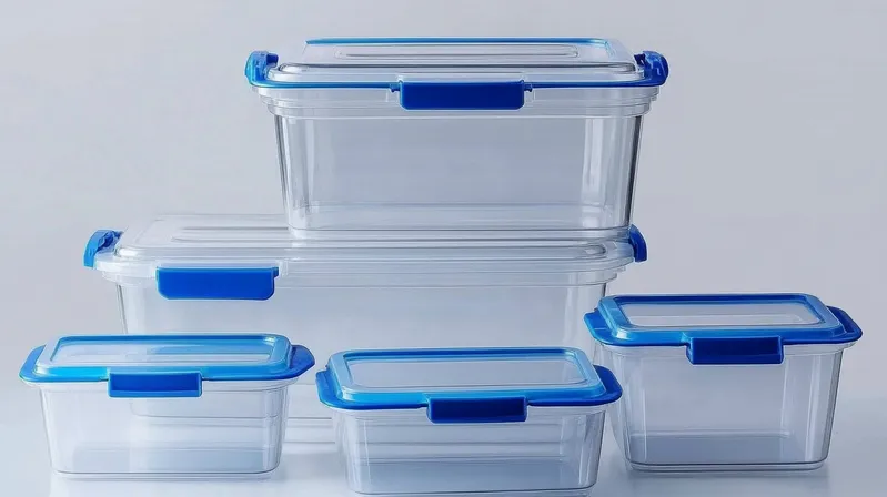 A set of five transparent plastic food storage containers with blue lids stacked together