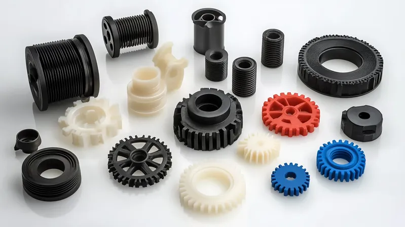 A collection of various plastic gears and mechanical parts in different shapes and colors
