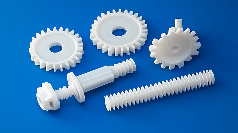 A set of white plastic gears and worm screws on a blue background