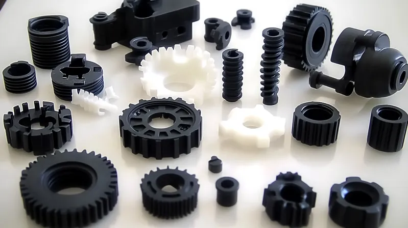 A collection of black and white plastic gears and mechanical parts arranged on a surface