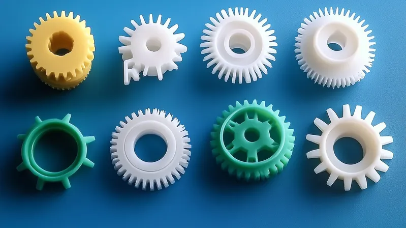 A collection of different colored plastic gears on a blue surface