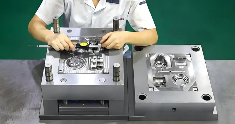 A person working on a plastic injection mold with metal components