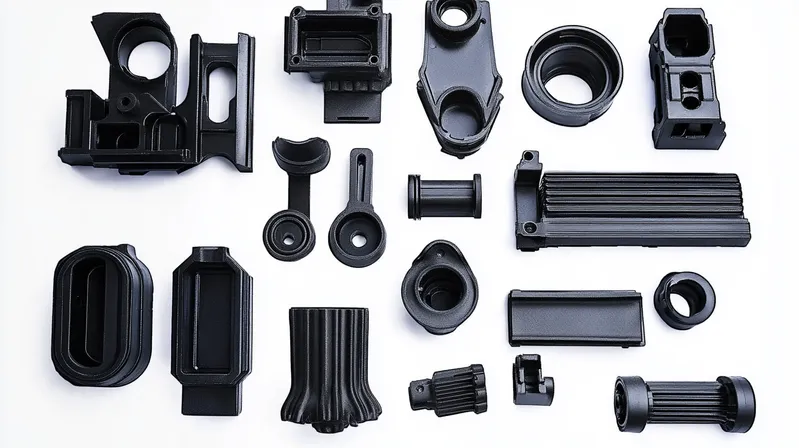 Various black plastic injection molded parts on a white background