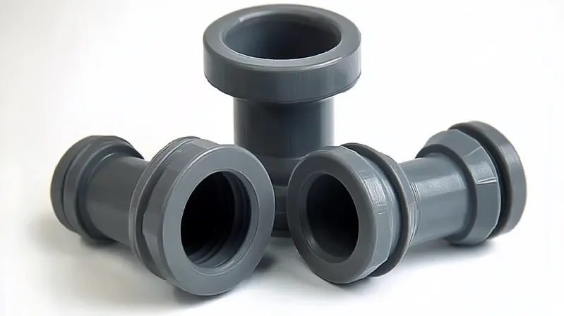 Three gray plastic pipe fittings on a white background