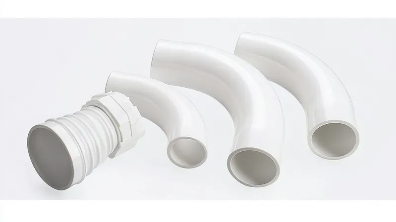 Four white plastic pipe fittings of varying curves and diameters, including a ribbed elbow connection piece