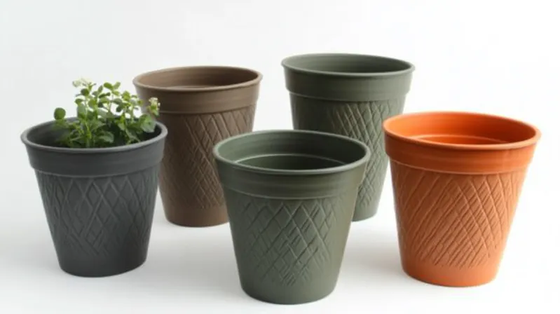 Five plastic plant pots in various colors, one containing a small green plant