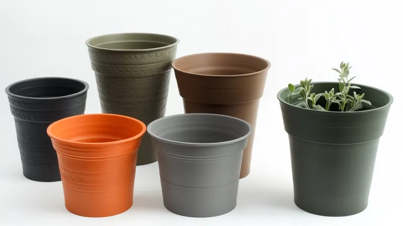 Six different colored plastic plant pots of varying sizes=