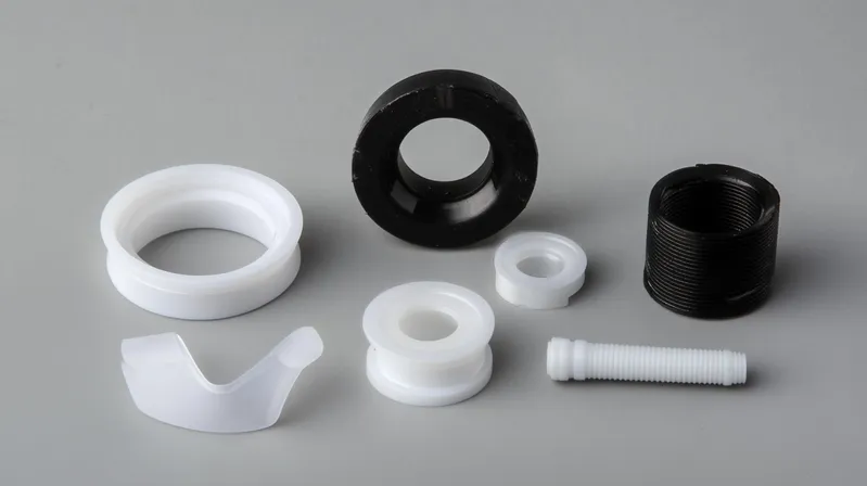 A collection of various shaped plastic parts on a gray background