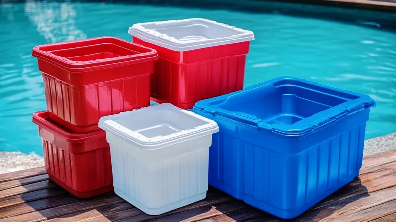 Several plastic storage bins, including red, white, and blue ones, arranged by a poolside