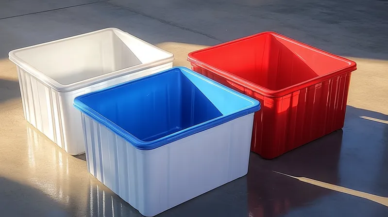 Three plastic storage bins in white, blue, and red on a concrete floor