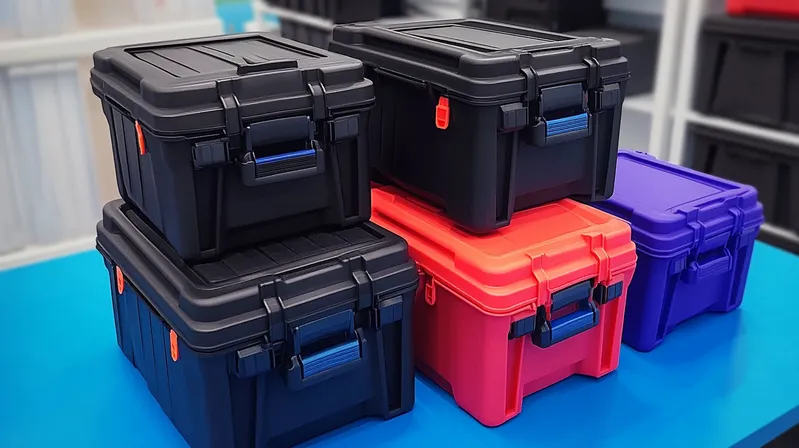 A collection of black, red, and purple plastic storage lockers stacked on a blue surface
