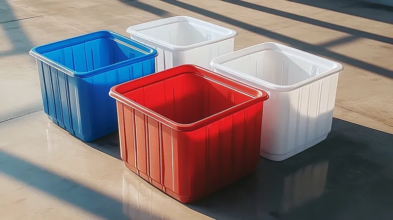 Four square plastic containers in blue, white, red, and white, placed on a concrete floor with sunlight casting shadows