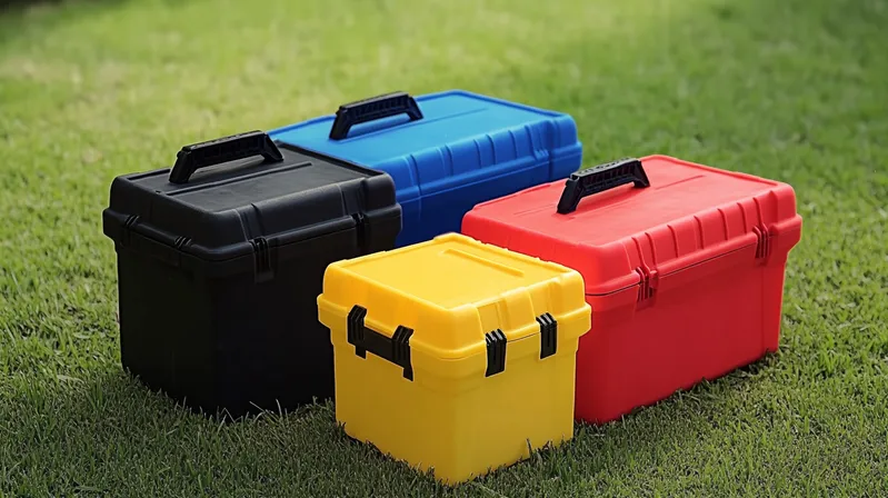 Four colored storage boxes in black, blue, yellow, and red on grass.