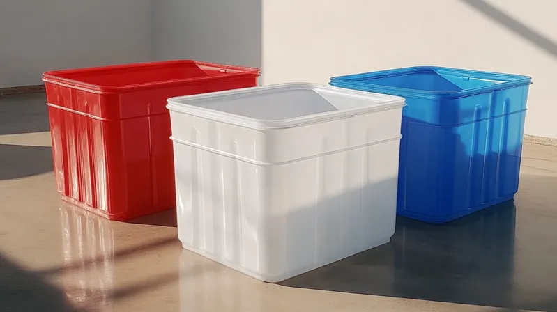 Three plastic tubs in red, white, and blue placed on a shiny floor