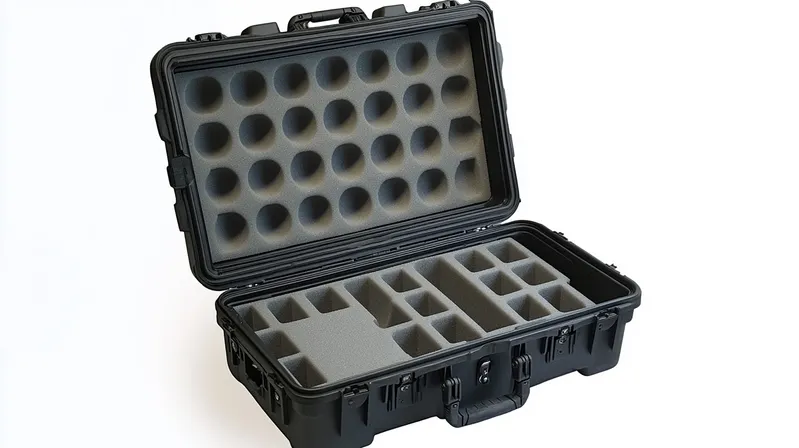 A black protective case open to show custom foam inserts for organizing and securing items