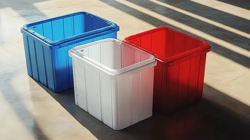 Three rectangular plastic storage bins in blue, white, and red are placed on a concrete floor with sunlight creating shadows