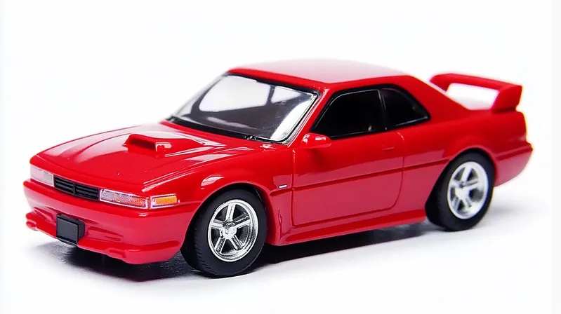 A small red toy car with a rear spoiler