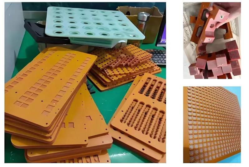 Various orange and green silicone molds for casting resin, featuring different shapes and sizes=