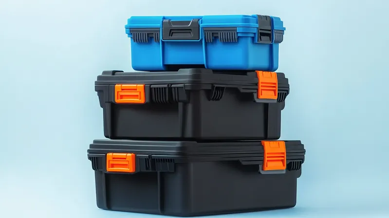 Stack of three plastic storage cases, two black with orange latches, and one blue with a black latch, against a light blue background
