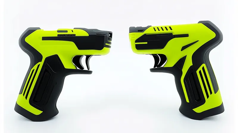 Two lime-green and black taser devices facing each other
