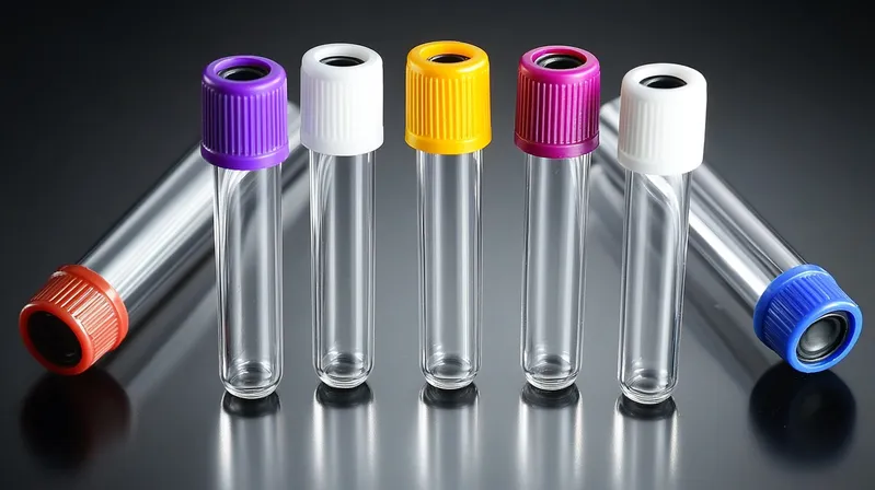 A row of five empty test tubes with different colored caps standing upright, with two additional tubes lying down on a reflective surface