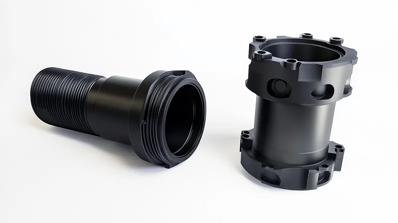 Two black cylindrical metal components with threaded sections