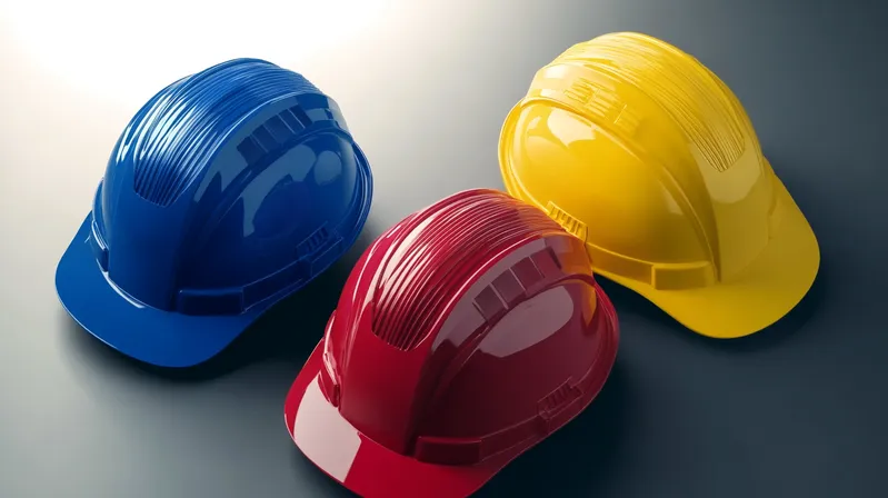 Three protective helmets in blue, red, and yellow placed on a surface